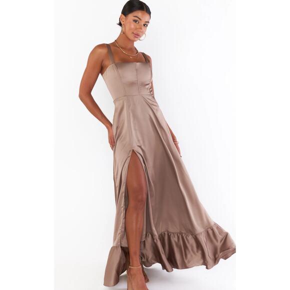 NWT SMY MuMu Size Medium Clarissa Corset Dress Dune Luxe Satin Brown Wedding - Picture 4 of 11